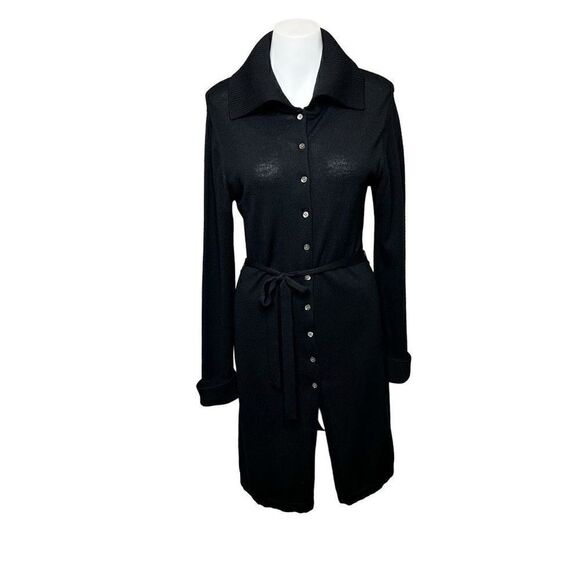 Halogen black merino wool button up cardigan with tie belt size M - Picture 1 of 14